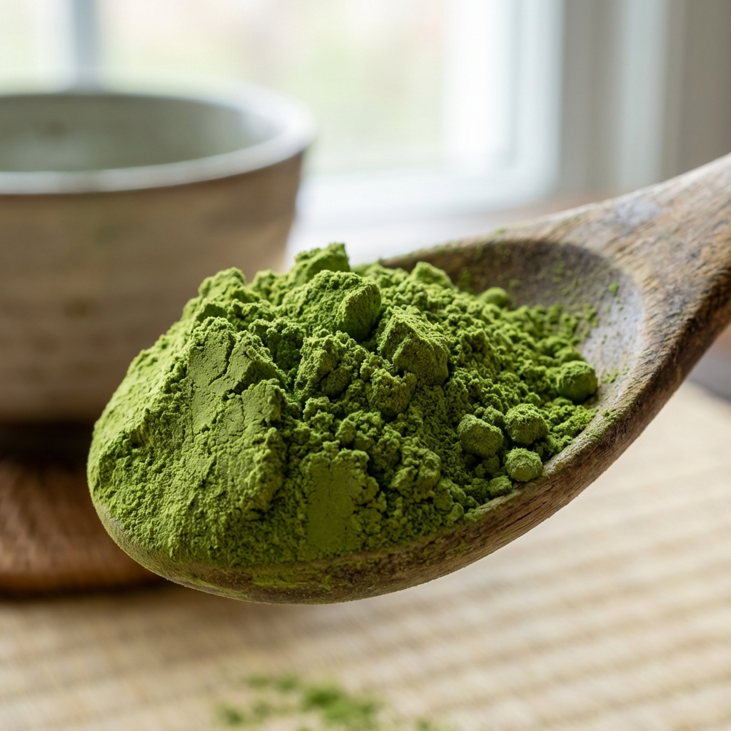 Prášek matcha na bambusové lžičce